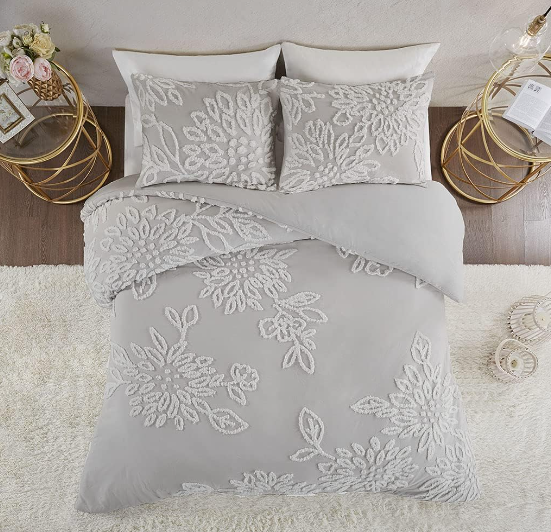 3 Piece Tufted Cotton Chenille Damask Comforter Set Off-White King/Cal King